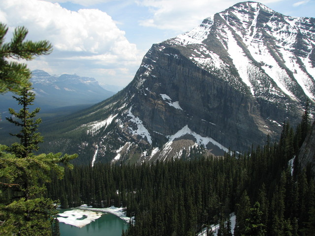 Mirror Lake and the Big Beehive, viewed from the Little Beehive. Lake Agnes is to the right behind the trees.